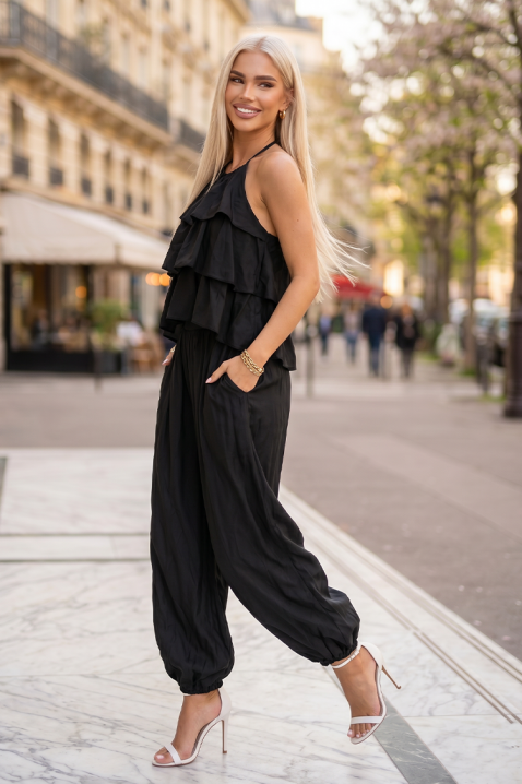Set de damă pentru viata de zi cu zi, format dintr-un top vaporoasă cu volane și pantaloni largi SELERA BLACK, Culoare: negru, IVET.RO - Reduceri de până la -80%