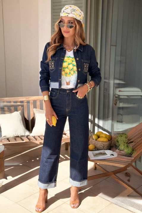 Geacă scurtă si elegantă din denim de culoare albastru închis, cu broderii spectaculoase JULINI, Culoare: albastru, IVET.RO - Reduceri de până la -80%