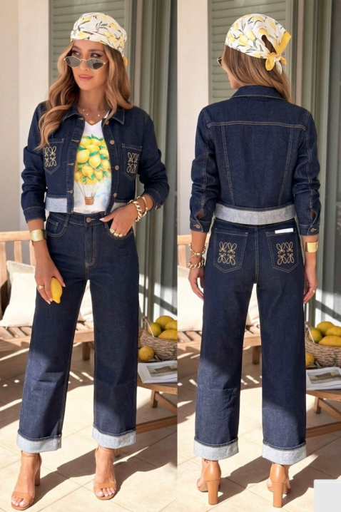 Geacă scurtă si elegantă din denim de culoare albastru închis, cu broderii spectaculoase JULINI, Culoare: albastru, IVET.RO - Reduceri de până la -80%