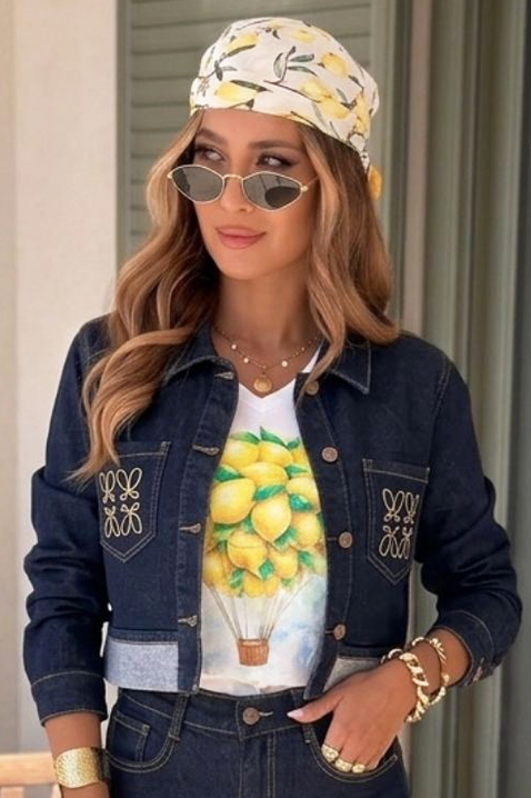 Geacă scurtă si elegantă din denim de culoare albastru închis, cu broderii spectaculoase JULINI, Culoare: albastru, IVET.RO - Reduceri de până la -80%