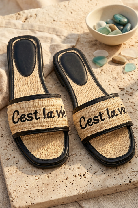 Papuci de damă din material textil împletit, cu inscripție CAROLINE, Culoare: bej și negru , IVET.RO - Reduceri de până la -80%