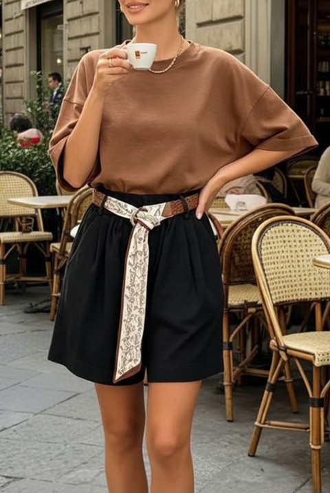 Pantaloni scurți pentru femei, cu talie înaltă și curea decorativă ARAMONZA BLACK, Culoare: negru, IVET.RO - Reduceri de până la -80%