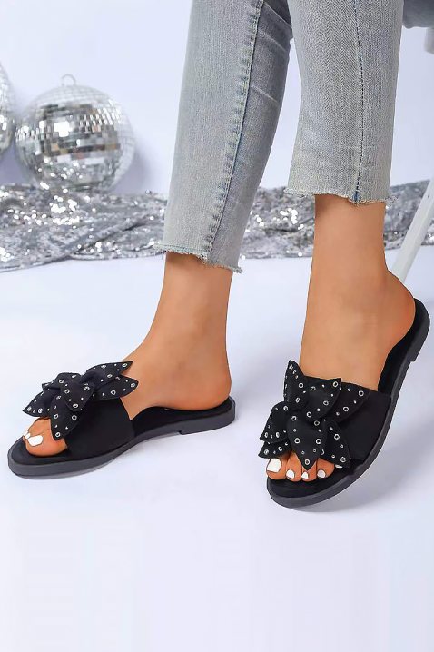 Papuci de damă cu panglică decorativă și capse CALRORA BLACK, Culoare: negru, IVET.RO - Reduceri de până la -80%