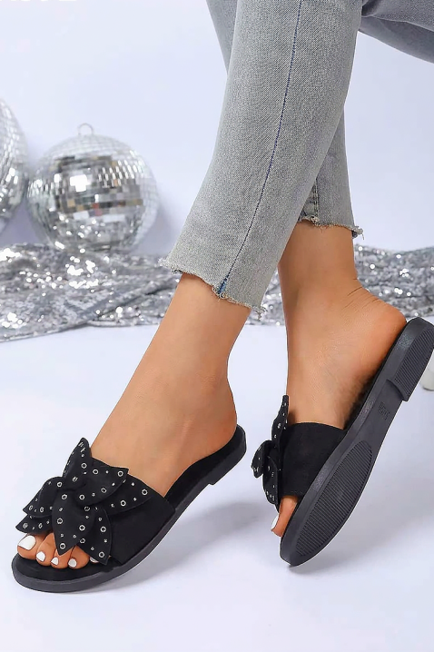 Papuci de damă cu panglică decorativă și capse CALRORA BLACK, Culoare: negru, IVET.RO - Reduceri de până la -80%