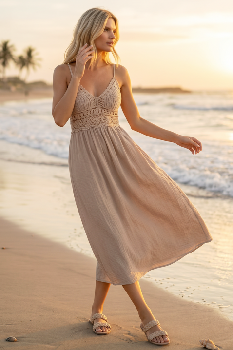 Rochie midi de vară în stil boho, cu bustieră tricotată SOLANIA BEIGE, Culoare: bej, IVET.RO - Reduceri de până la -80%