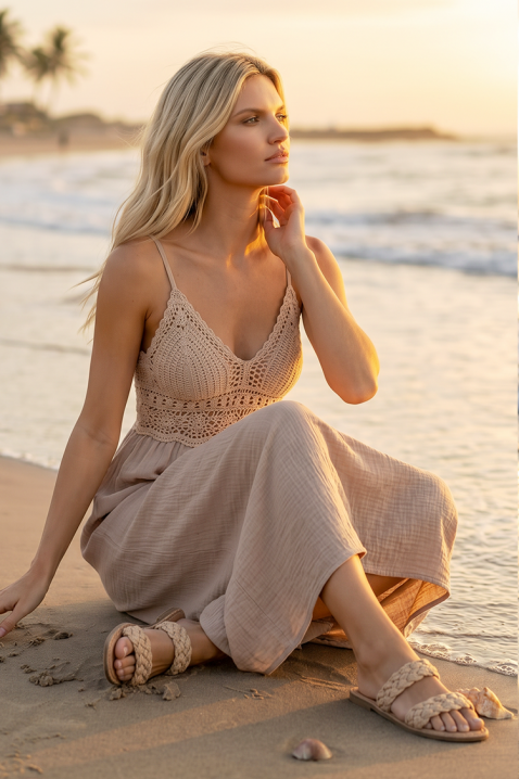 Rochie midi de vară în stil boho, cu bustieră tricotată SOLANIA BEIGE, Culoare: bej, IVET.RO - Reduceri de până la -80%