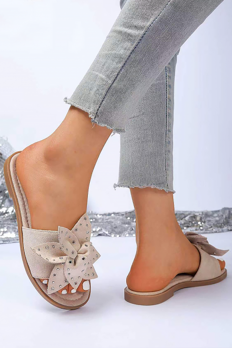 Papuci de damă cu panglică decorativă și capse CALRORA BEIGE, Culoare: bej, IVET.RO - Reduceri de până la -80%