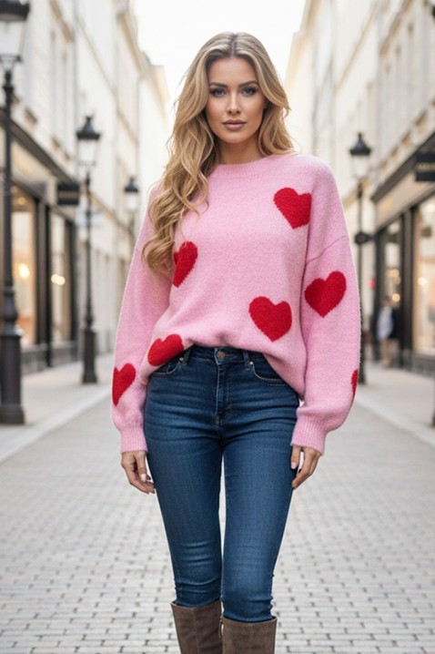 Pulover tricotat de damă cu inimioare VILERIA PINK, Culoare: roz, IVET.RO - Reduceri de până la -80%