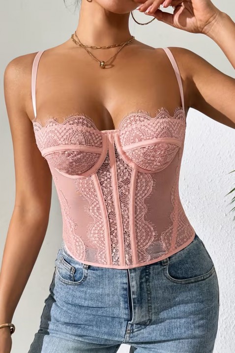 Top de tip corset pentru femei, cu dantelă fină și bretele subțiri KROELIA PINK, Culoare: roz, IVET.RO - Reduceri de până la -80%