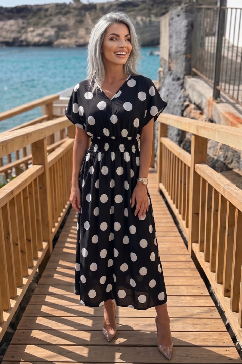 Rochie elegantă cu buline mari și talie accentuată ESMERIZA BLACK, Culoare: negru și alb, IVET.RO - Reduceri de până la -80%