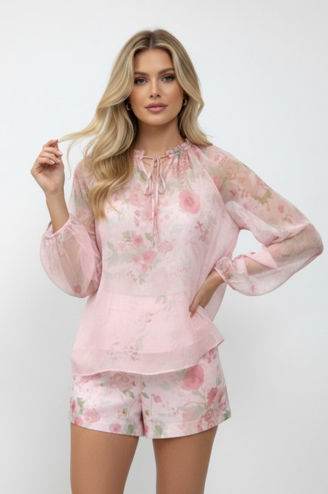 Set pentru femei format din bluza și pantaloni scurți cu floral print delicat LORIAVA PINK, Culoare: roz, IVET.RO - Reduceri de până la -80%