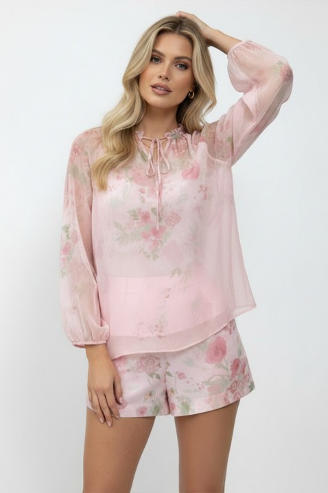 Set pentru femei format din bluza și pantaloni scurți cu floral print delicat LORIAVA PINK, Culoare: roz, IVET.RO - Reduceri de până la -80%