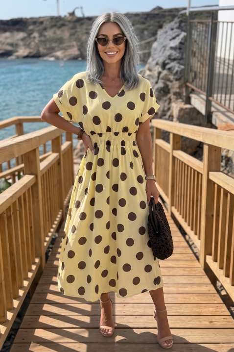 Rochie elegantă cu buline mari și talie accentuată ESMERIZA YELLOW, Culoare: galben/maro, IVET.RO - Reduceri de până la -80%