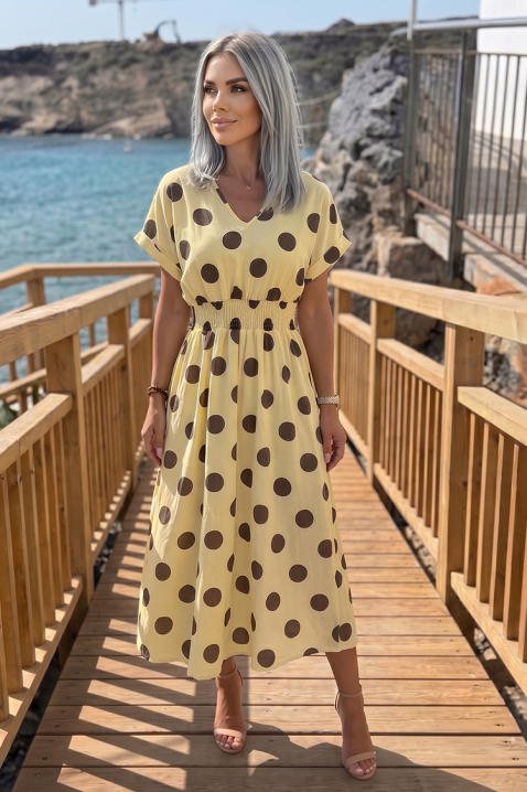 Rochie elegantă cu buline mari și talie accentuată ESMERIZA YELLOW, Culoare: galben/maro, IVET.RO - Reduceri de până la -80%