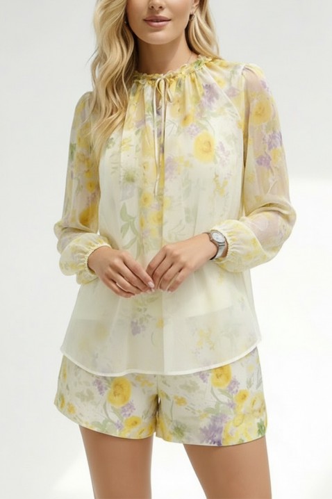 Set pentru femei format din bluza și pantaloni scurți cu floral print delicat LORIAVA YELLOW, Culoare: galben, IVET.RO - Reduceri de până la -80%