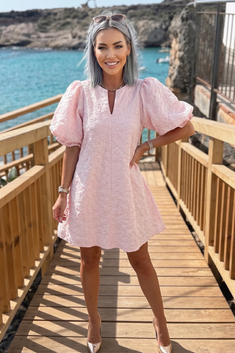 Rochie scurtă cu mâneci bufante și textură în relief LOVLINA PINK, Culoare: roz, IVET.RO - Reduceri de până la -80%