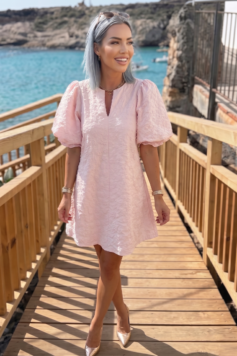 Rochie scurtă cu mâneci bufante și textură în relief LOVLINA PINK, Culoare: roz, IVET.RO - Reduceri de până la -80%