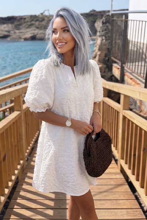 Rochie scurtă cu mâneci bufante și textură în relief LOVLINA WHITE, Culoare: alb, IVET.RO - Reduceri de până la -80%