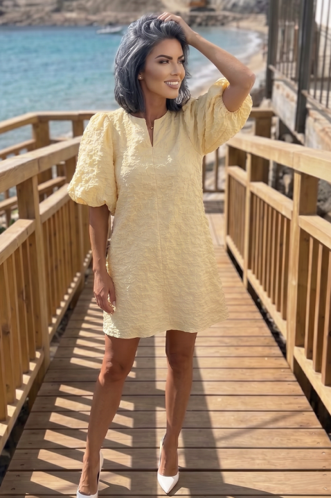 Rochie scurtă cu mâneci bufante și textură în relief LOVLINA YELLOW, Culoare: galben, IVET.RO - Reduceri de până la -80%