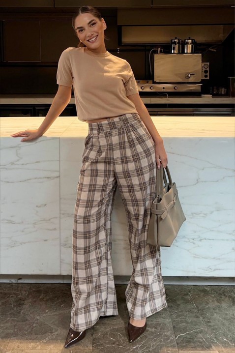 Pantaloni largi eleganți pentru femei, în carouri CALYSTA, Culoare: bej, IVET.RO - Reduceri de până la -80%
