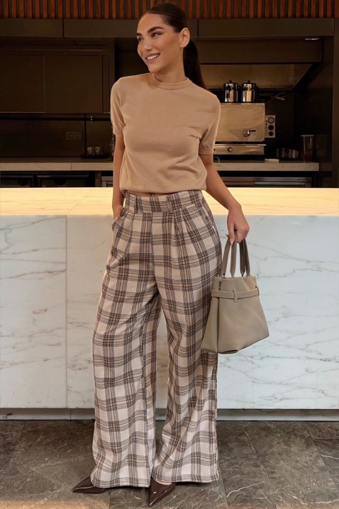 Pantaloni largi eleganți pentru femei, în carouri CALYSTA, Culoare: bej, IVET.RO - Reduceri de până la -80%