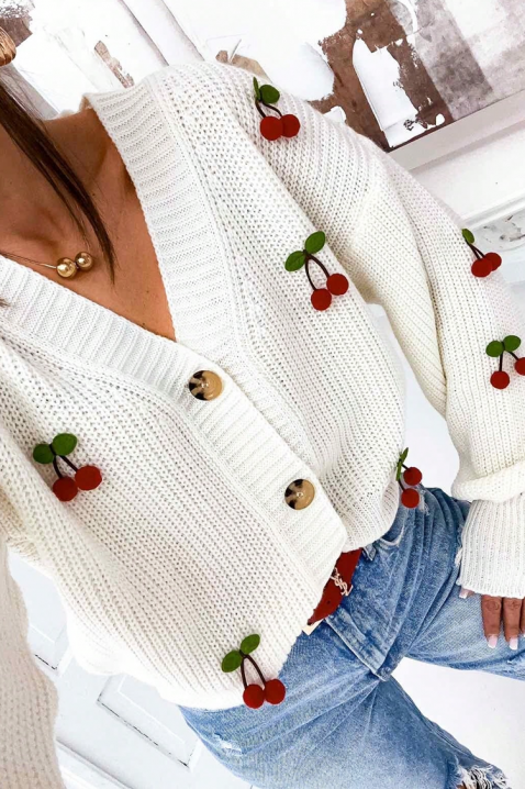 Cardigan tricotat pentru femei, cu cireșe decorative SOREVINA WHITE, Culoare: alb, IVET.RO - Reduceri de până la -80%