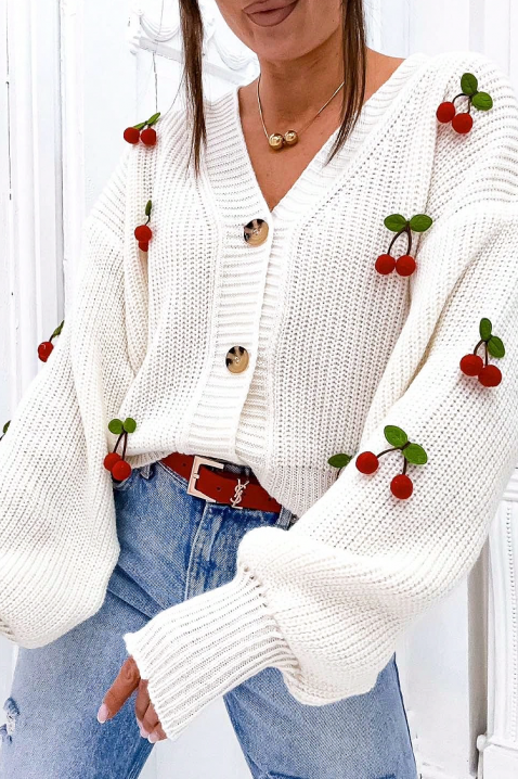 Cardigan tricotat pentru femei, cu cireșe decorative SOREVINA WHITE, Culoare: alb, IVET.RO - Reduceri de până la -80%