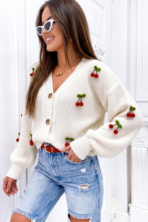 Cardigan tricotat pentru femei, cu cireșe decorative SOREVINA WHITE, Culoare: alb, IVET.RO - Reduceri de până la -80%