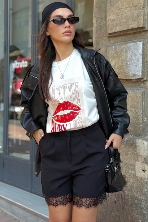 Pantaloni scurți eleganți pentru femei, cu detalii din dantelă ZAFLORA BLACK, Culoare: negru, IVET.RO - Reduceri de până la -80%