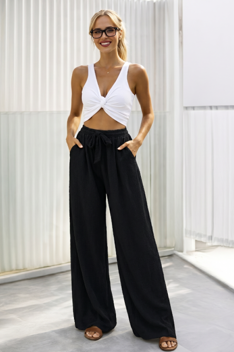 Pantaloni largi pentru femei, cu legătură la talie SAMIRANA BLACK, Culoare: negru, IVET.RO - Reduceri de până la -80%