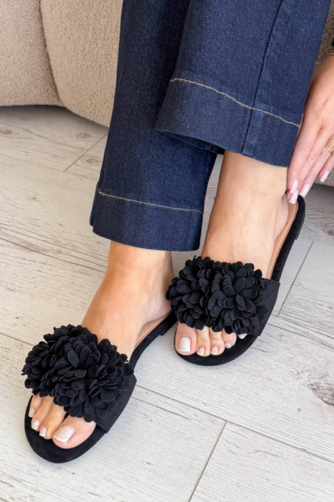 Papuci de damă cu talpă plată și flori decorative voluminoase DEMIANA BLACK, Culoare: negru, IVET.RO - Reduceri de până la -80%