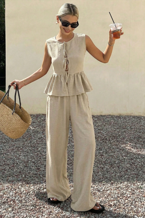 Set de damă pentru viata de zi cu zi cu pantaloni largi și linie peplum NOVENTA BEIGE, Culoare: bej, IVET.RO - Reduceri de până la -80%