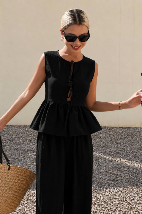 Set de damă pentru viata de zi cu zi cu pantaloni largi și linie peplum NOVENTA BLACK, Culoare: negru, IVET.RO - Reduceri de până la -80%