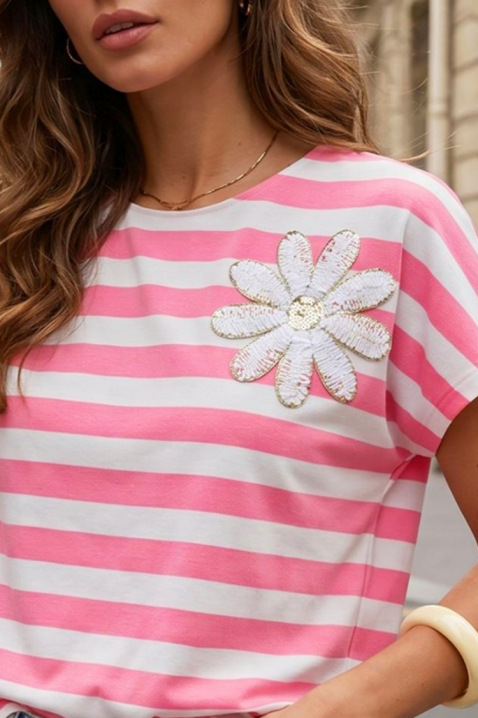 Tricou elegant pentru femei, în dungi, cu o floare decorativă JENOVEZE PINK, Culoare: roz, IVET.RO - Reduceri de până la -80%