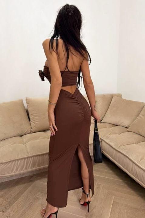 Rochie lungă cu o floare decorativă și o siluetă elegantă LUMIVRA BROWN, Culoare: maro, IVET.RO - Reduceri de până la -80%