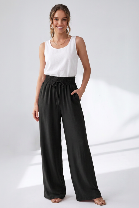 Pantaloni largi pentru femei, cu talie elastică și croială lejeră SERENVIA, Culoare: negru, IVET.RO - Reduceri de până la -80%