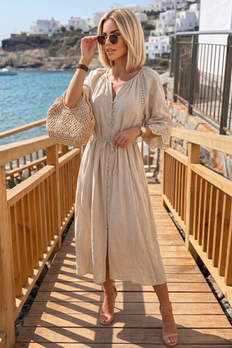 Rochie lungă, vaporoasă, cu dantelă ajurată la mâneci EFROSINA BEIGE, Culoare: bej, IVET.RO - Reduceri de până la -80%