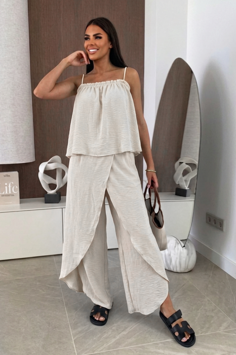 Set feminin din țesătură vaporoasă, compus din un top și pantaloni largi cu suprapunere MALENTA BEIGE, Culoare: bej, IVET.RO - Reduceri de până la -80%