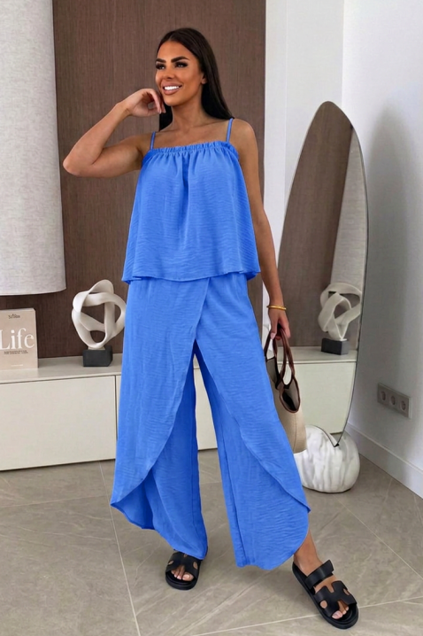 Set feminin din țesătură vaporoasă, compus din un top și pantaloni largi cu suprapunere MALENTA BLUE, Culoare: albastru, IVET.RO - Reduceri de până la -80%