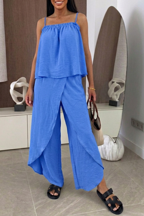 Set feminin din țesătură vaporoasă, compus din un top și pantaloni largi cu suprapunere MALENTA BLUE, Culoare: albastru, IVET.RO - Reduceri de până la -80%