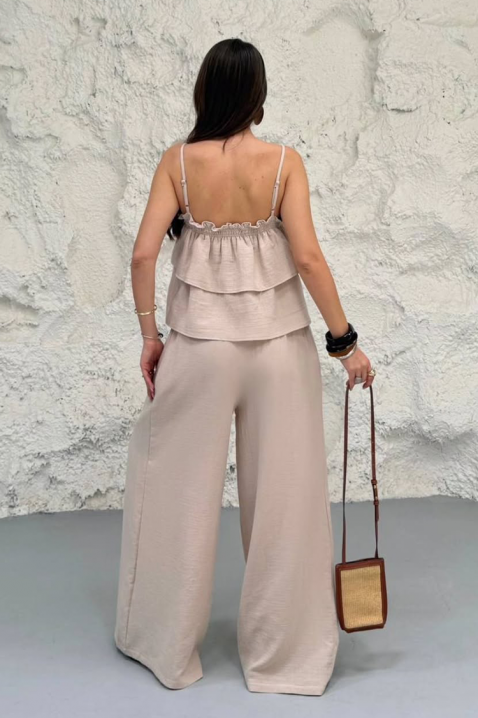 Set pentru femei format dintr-un top cu volane și pantaloni largi PARNELZA, Culoare: bej, IVET.RO - Reduceri de până la -80%
