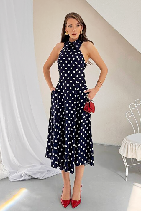 Rochie pentru femei,print cu buline, spatele decupat și o siluetă elegantă NOVENTRA NAVY, Culoare: bleumarin, IVET.RO - Reduceri de până la -80%