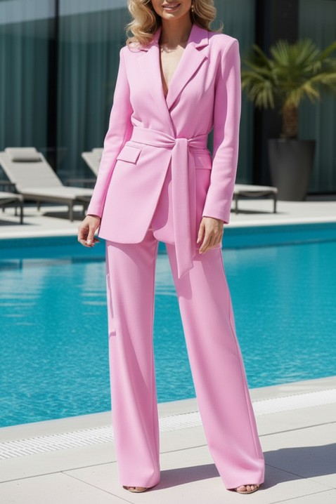 Set elegant pentru femei, format dintr-un sacou cu curea și pantaloni largi CALIMA PINK, Culoare: roz, IVET.RO - Reduceri de până la -80%