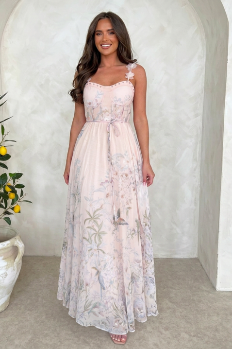 Rochie lungă și elegantă, cu floral print și bretele decorative KATLINA, Culoare: roz, IVET.RO - Reduceri de până la -80%