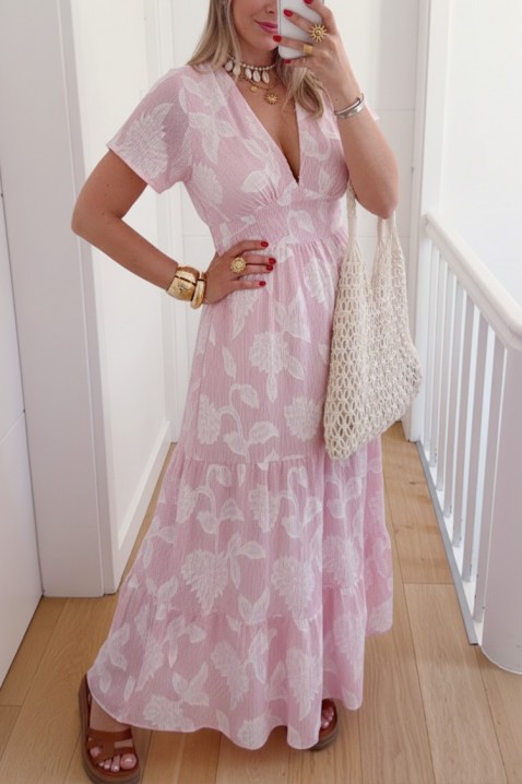 Rochie lungă, vaporoasă, cu un model floral în relief și un spate spectaculos DONELA PINK, Culoare: roz, IVET.RO - Reduceri de până la -80%