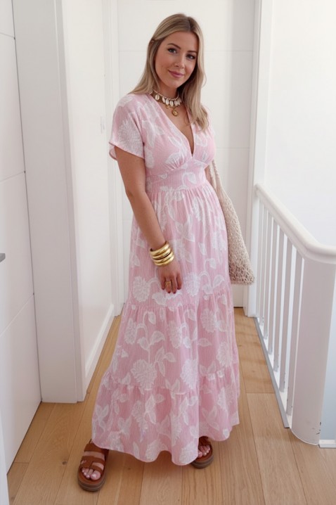 Rochie lungă, vaporoasă, cu un model floral în relief și un spate spectaculos DONELA PINK, Culoare: roz, IVET.RO - Reduceri de până la -80%
