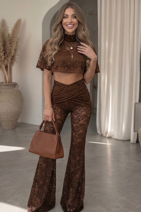 Set de damă din dantelă, format dintr-un top scurt și pantaloni cu talie înaltă NATINA BROWN, Culoare: maro, IVET.RO - Reduceri de până la -80%