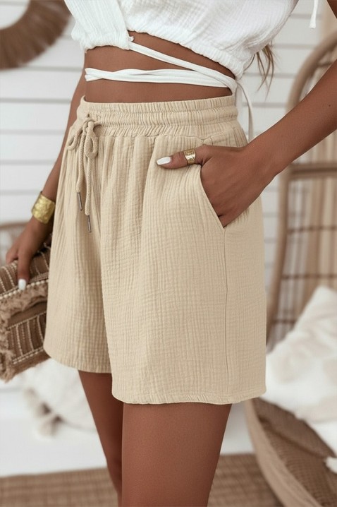 Pantaloni scurți pentru femei pentru viata de zi cu zi, cu talie elastică și legături LUNIETA BEIGE, Culoare: bej, IVET.RO - Reduceri de până la -80%