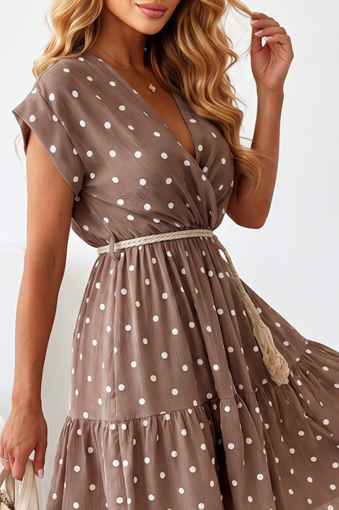 Rochie cu buline, cu volan eteric și curea PAPILANA MOCHA, Culoare: mocca, IVET.RO - Reduceri de până la -80%