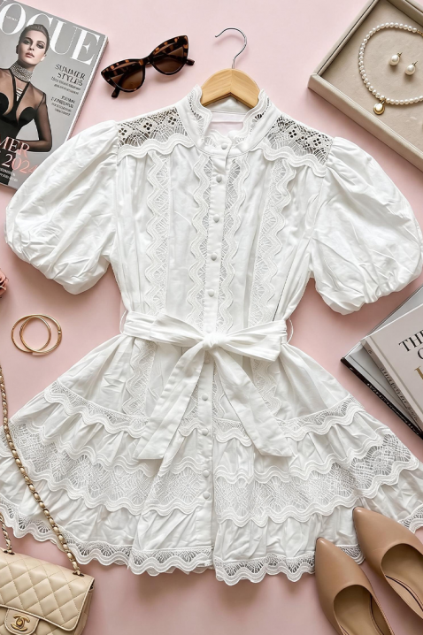 Rochie scurtă romantică, cu detalii din dantelă și mâneci bufante VALIRIANA, Culoare: alb, IVET.RO - Reduceri de până la -80%